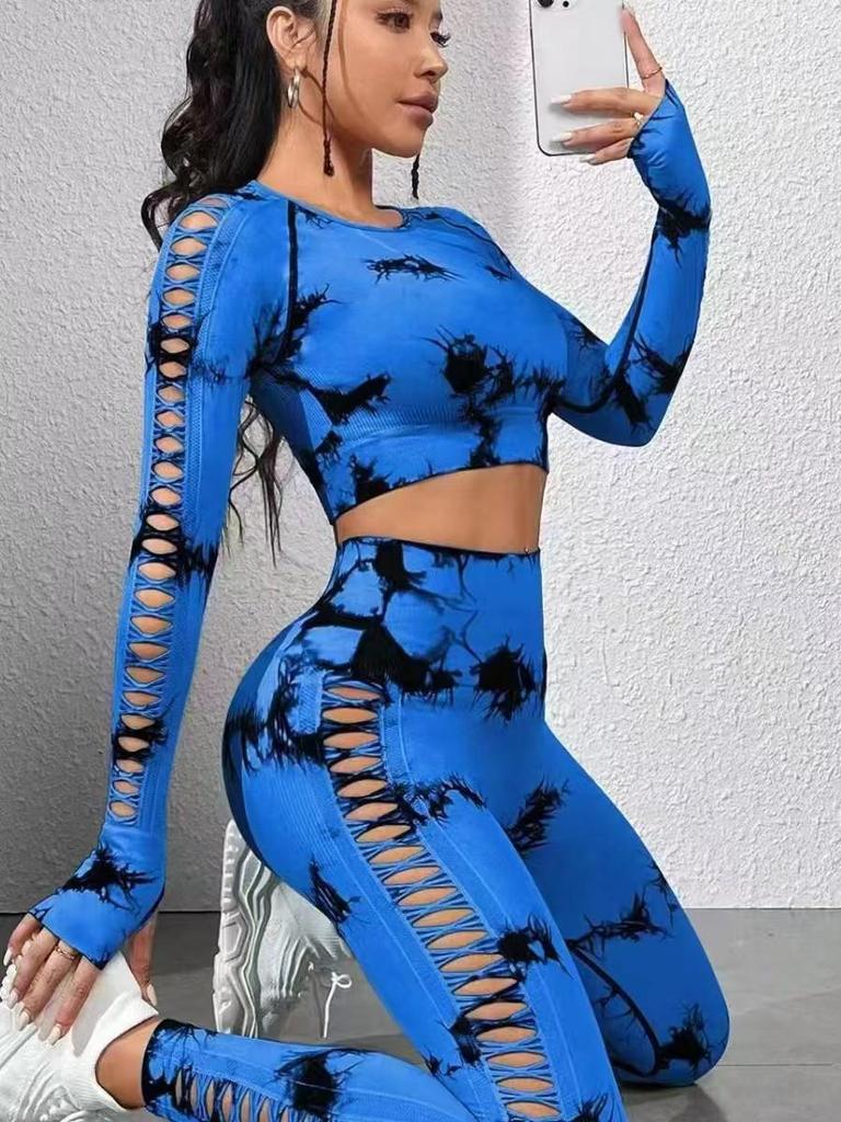 Cross-border Tie-dye Quick-dry High-waisted Yoga Set: Long Sleeve & Side Cut-out Pants