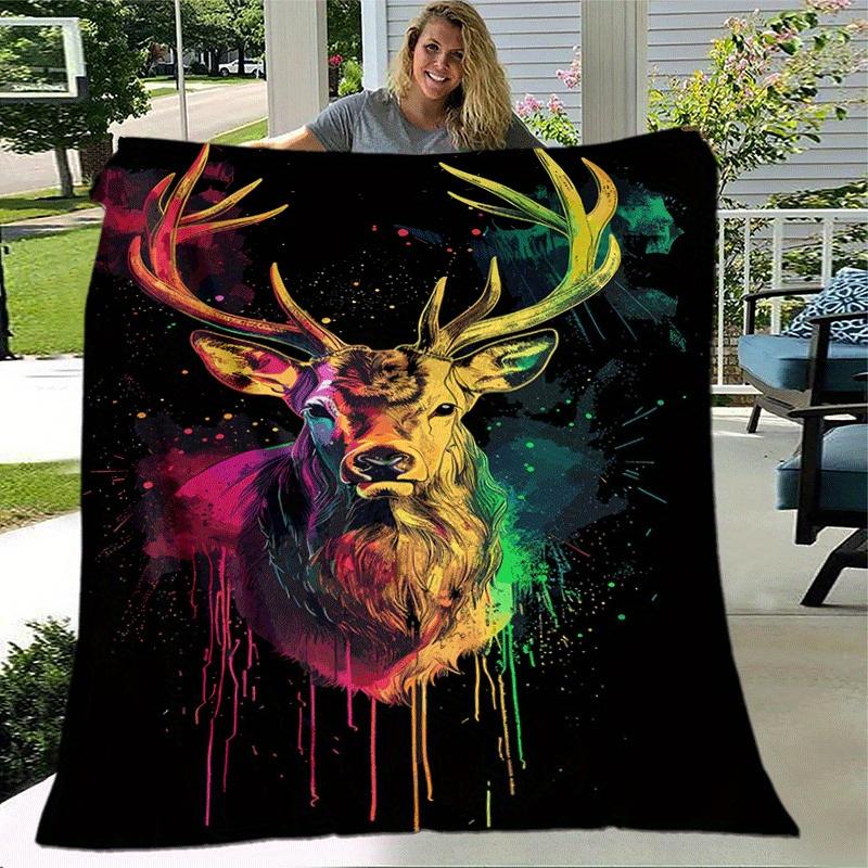 1pc Colored Deer Printing Lightweight Flannel Blanket, Comfortable and Warm Blanket, for Camping Sofa Bed and Couch Office, Gift
