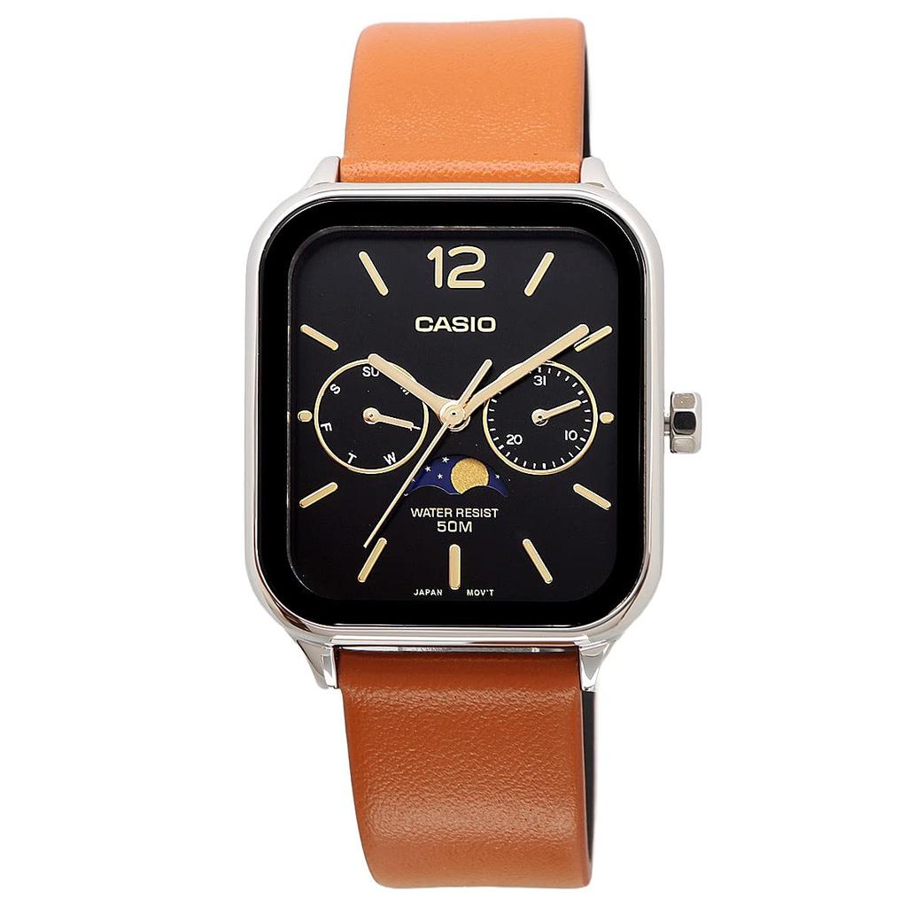 Casio Standard Moon Phase Analog Men's Watch MTP-M305L-1AV with Brown Leather Band and Black Dial, Imported