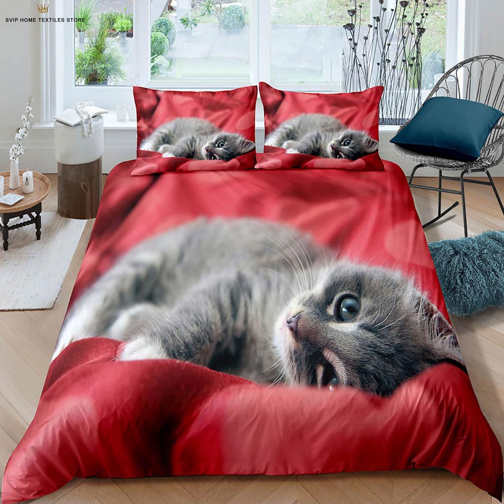 Cute Cat Constellation 3D Stereo Printing Quilt Cover Bedding Set Quilt Cover Pillowcase Machine Washable Gift Three-Piece Set