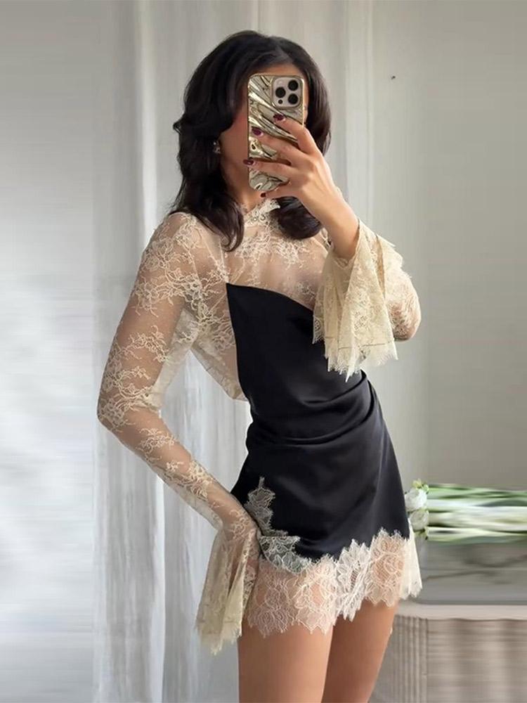 Women's Lace Patchwork Short Dress Ladies' Fashionable Floral Bud Cuff Dress Black 2025 New Collection
