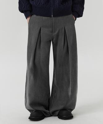 TRILLION Wool-Like Inverted Tuck Herringbone Wide Pants (Gray)