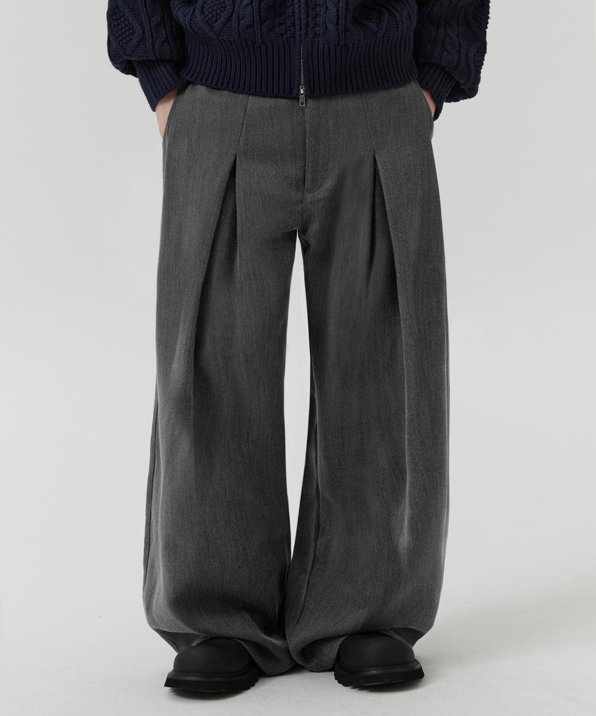 TRILLION Wool-Like Inverted Tuck Herringbone Wide Pants (Gray)