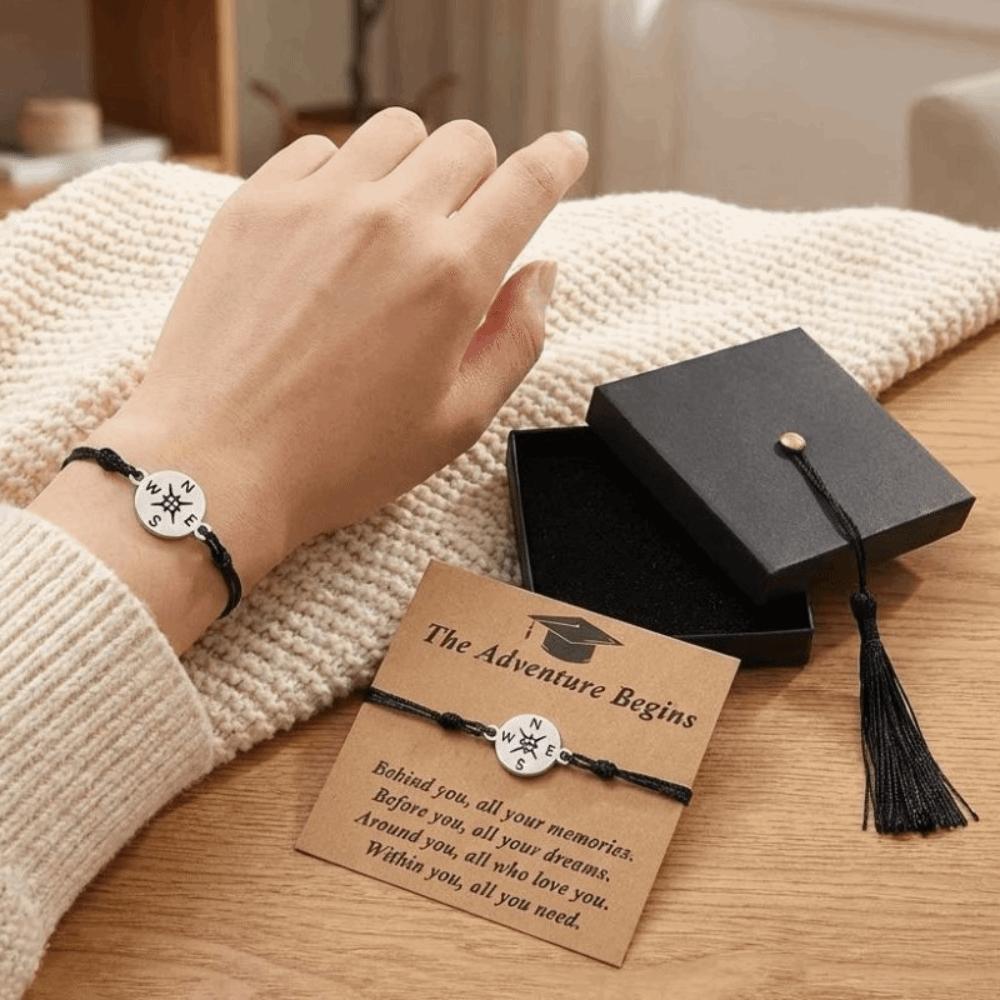 The Adventure Begins Graduation Compass Bracelet Hand Woven Meaningful Keepsake Compass Charm Wristband Adjustable