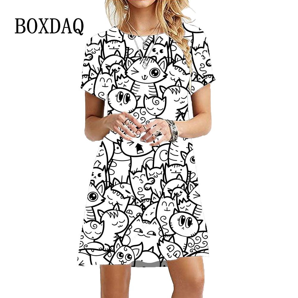 New Fashion Funny Cute Painting Cats Dress Women Kawaii Short Sleeve Casual Dress Summer Ladies Loose Clothing S
