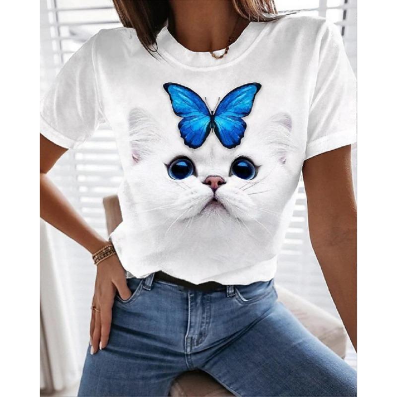 Summer 3D Printed Cat Casual Women's T-shirt with Cat Pattern Printed Round Neck Shirt