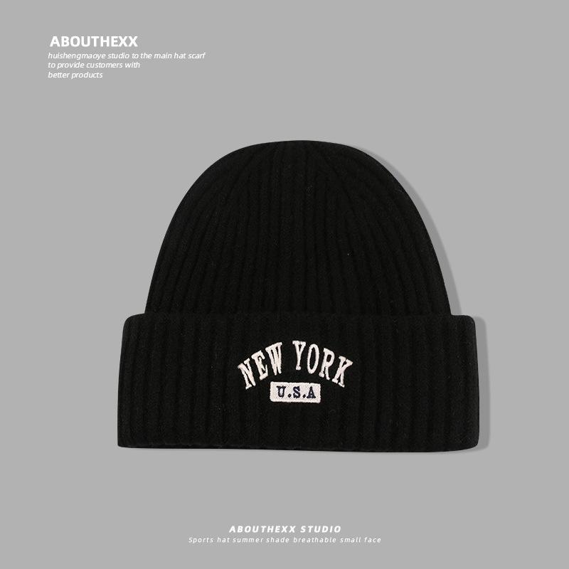 American Retro Letter Embroidery Hat for Women Autumn and Winter Warm Knitted Hat  Face Showing Small Woolen Hat  Men's Pullover Cold Hat Trendy