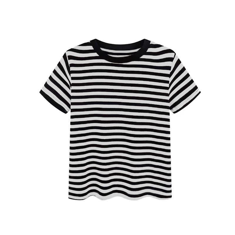Hong Kong Style Chic Striped Cotton Slimming Tee - Women's Versatile Summer Short-Sleeve Top