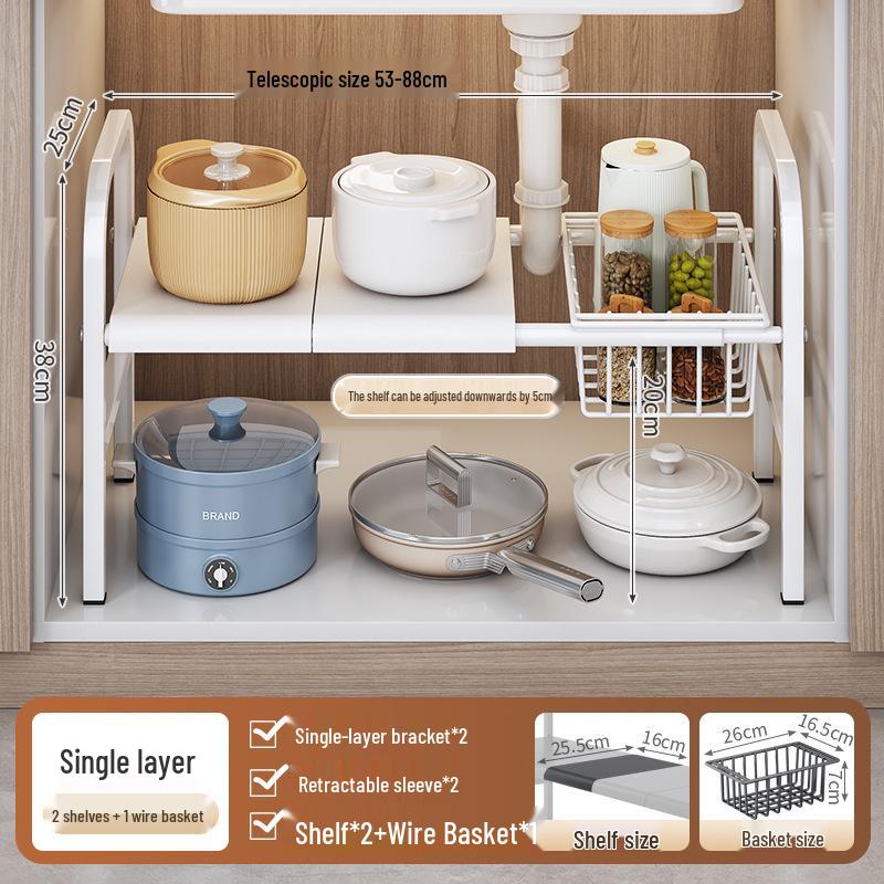 Retractable Under-Sink Tiered Shelf and Pot Storage Rack