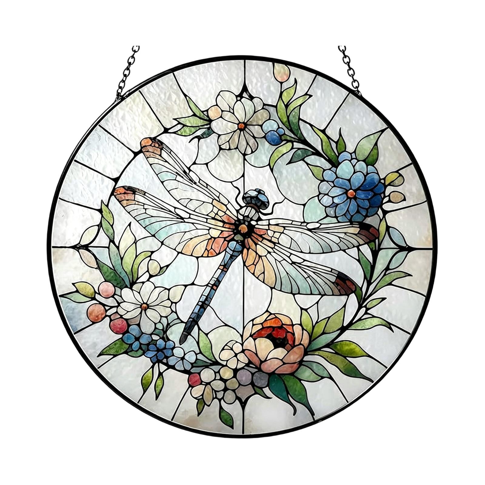 

Creative Round Acrylic Sun Catcher Hanging Ornament 2D Flat Dragonfly Design Decorative Window Panel for Living Room Wall Hanging One Size