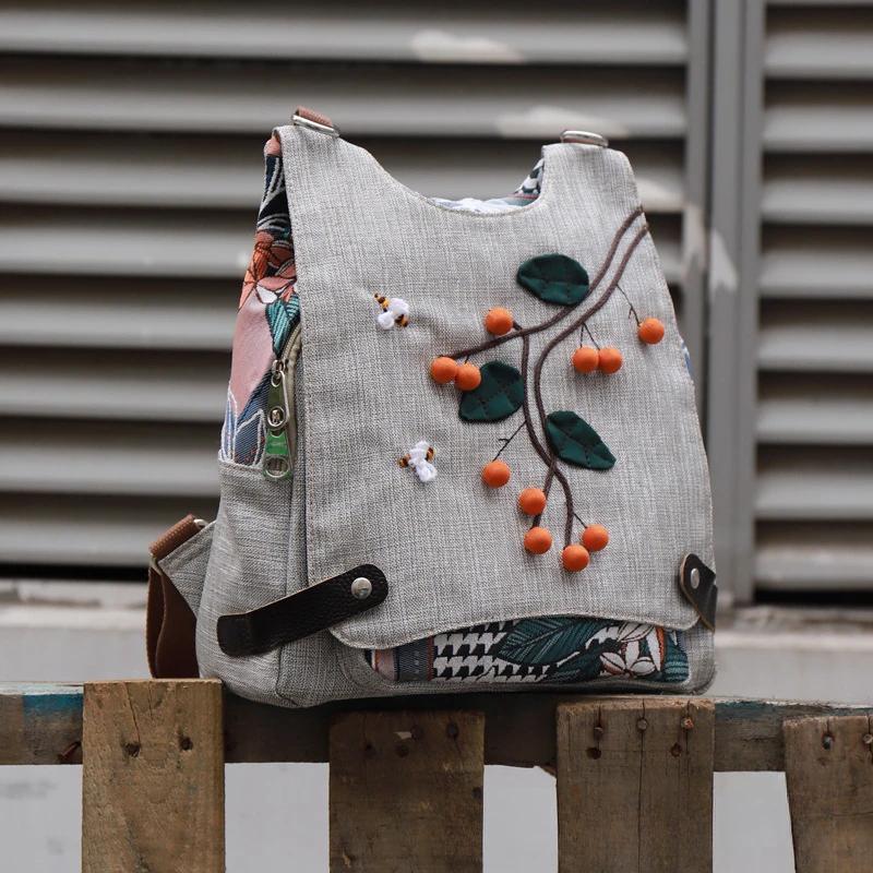 Ethnischer Rucksack Retro Baumwolle Leinen Damen Umhängetasche Weiblich Allzweck-Rucksäcke Leichte Reisetaschen für Mädchen Schultasche
