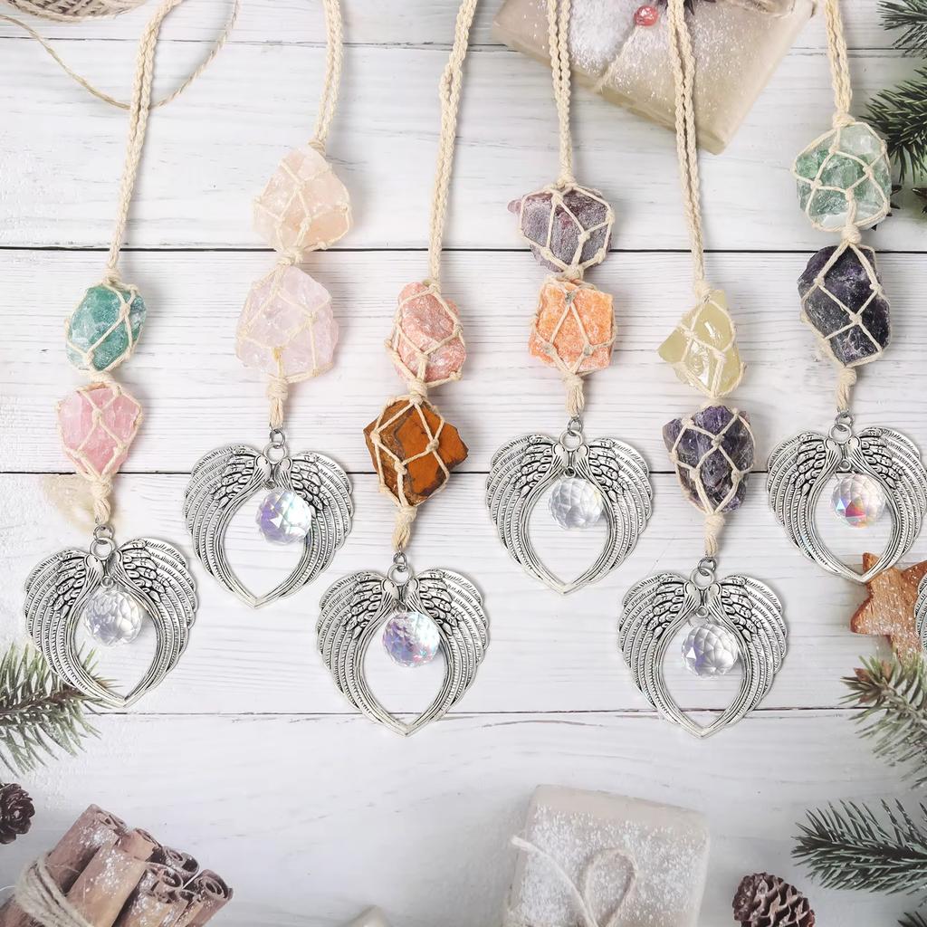 K9 Crystal Sun Catcher Raw Wrapped Rough Angel Wing Crystal Sun Catchers Hanging Moon Suncatche Wind Chime Pendant