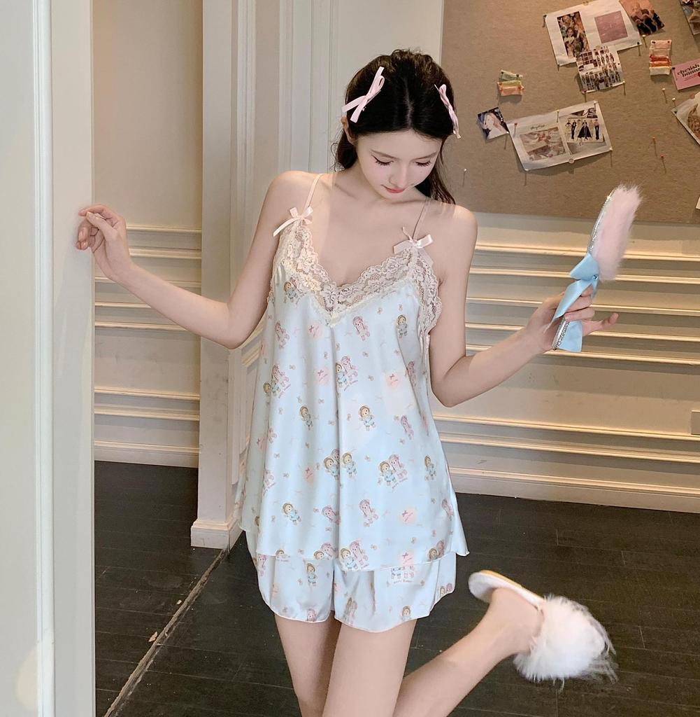 New Pajamas Women's Pure Desire Wind Suspender Shorts Loungewear Printed Pajamas Set Lace