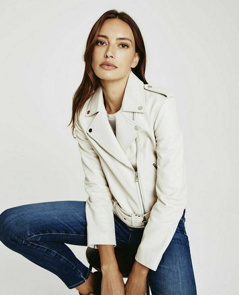 Dar Kesim Biker Ceket Kadın Kuzu Derisi Yumuşak Gerçek Deri Ceket Motosiklet Beyaz