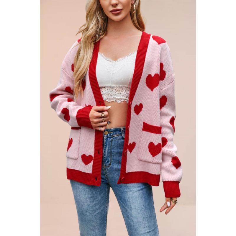 New women's clothing Valentine's Day love peach knitted cardigan pocket V-neck regular jacket