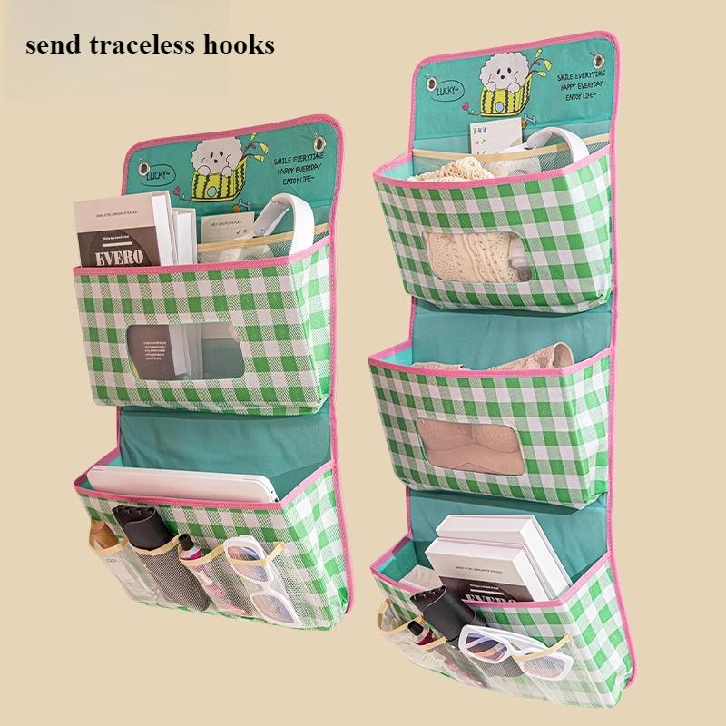 Nordic Lattice Multifunctional Bedroom Wall Storage Hanging Bag Organizer Bedside Door Multi-layer Hanging Storage Basket Fabric