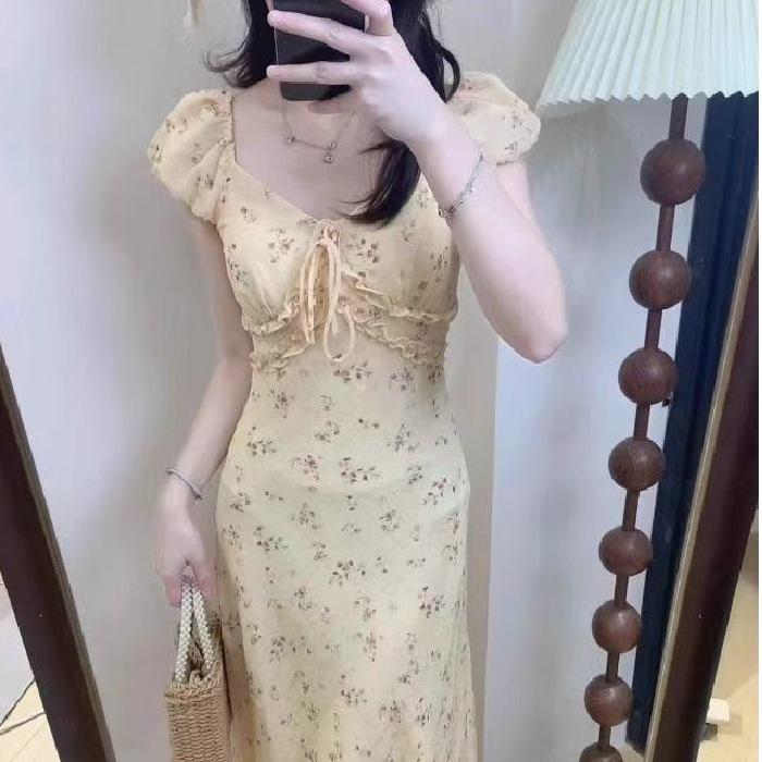 French sexy V-neck floral dress women's summer temperament waist long dress coffee break dress seaside vacation dress