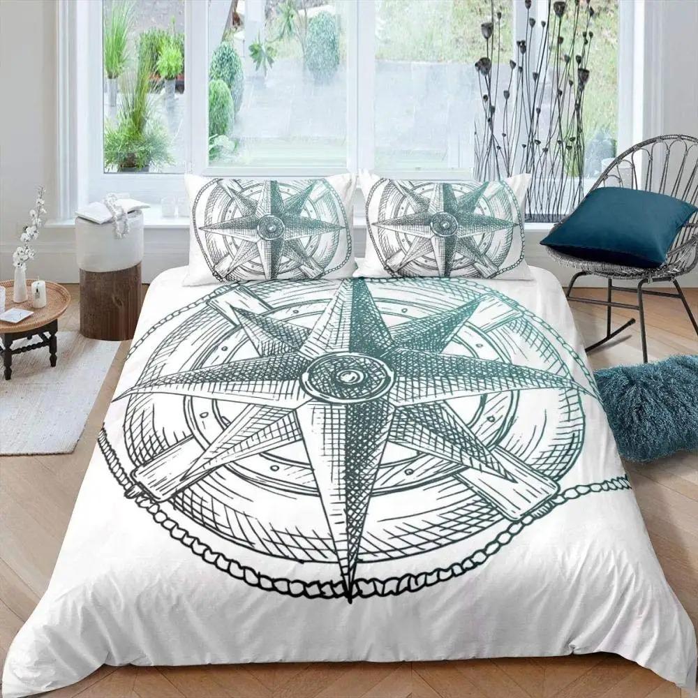 Compass Telescope Duvet Cover Set Navigation Theme Polyester Comforter CoverTwin Size For Kids Boys Girls Bedding Set