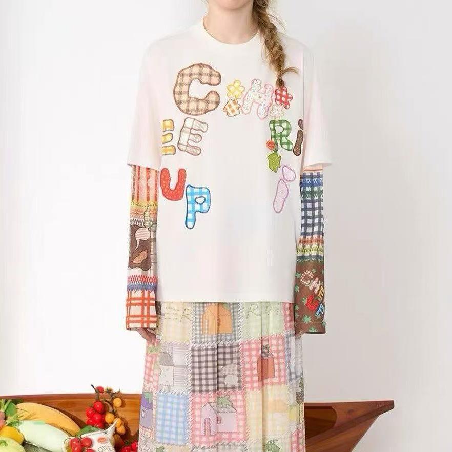 Loose plaid letter printing fake two long-sleeved T-shirt top casual versatile breathable S белый