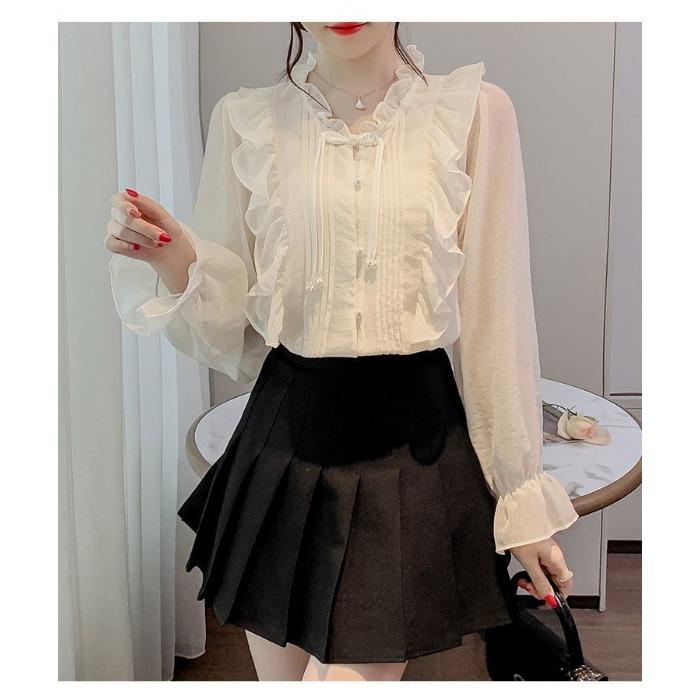 Camicetta in Chiffon Morbido con Pizzo e Volant Stile Francese per Donna Autunno con Design Unico e Stile Chic
