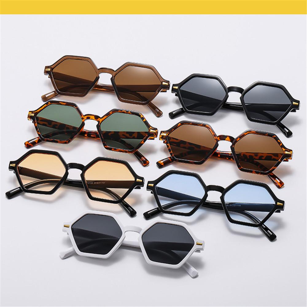 Hexagonal Small Frame Sunglasses Trendy Hip-Hop Style UV400 Rivets Decoration Shades Leopard Blue Glasses for Women & Men