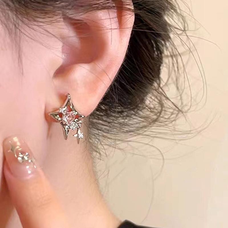 6Pcs Y2K Style Pink Crystal Starry Earrings Set for Women Exquisite Moon Tassel Chain Sweet Planet Accessories Fashion Jewelry