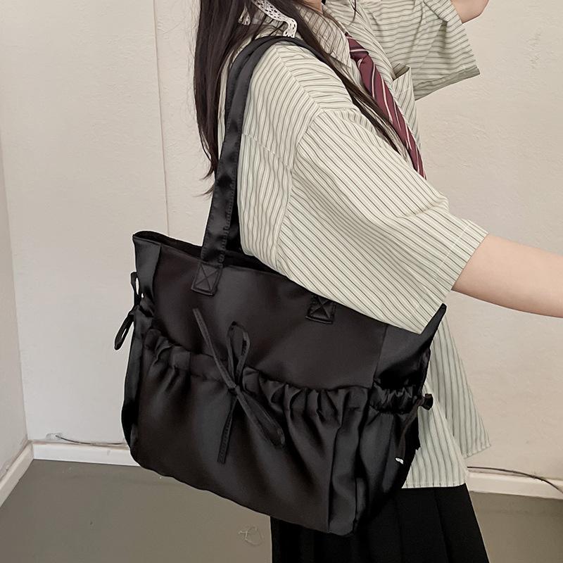 Satin Ballet Style Pleated Bow Girls Shoulder Bags Sweet Candy Color Ladies Underarm Bag Korean Casual Women Laptop Large Tote