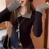 Striped Stitching Fashionable Lapel T-shirt for Women Autumn New Slim Long-sleeved Top