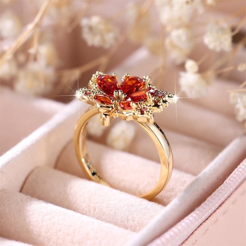 Cute Female Red Zircon Stone Ring Trendy Yellow Gold Color Maple Engagement Bride Wedding Jewelry Gift For Women