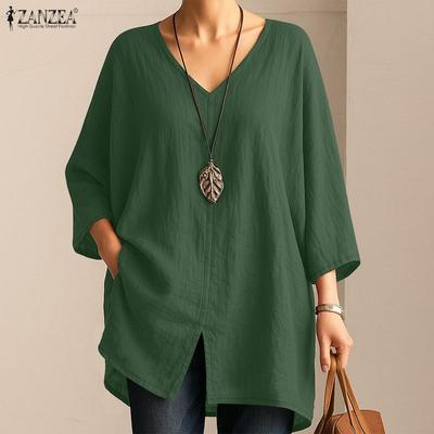 Women Casual V-Neck Loose 3/4 Sleeve Solid Blouse