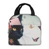 Cute Black Kitten And Butterfly Insulated Lunch Bag for Kids School Cooler Thermal Food Box Tote Portable Lunch Boxes Container