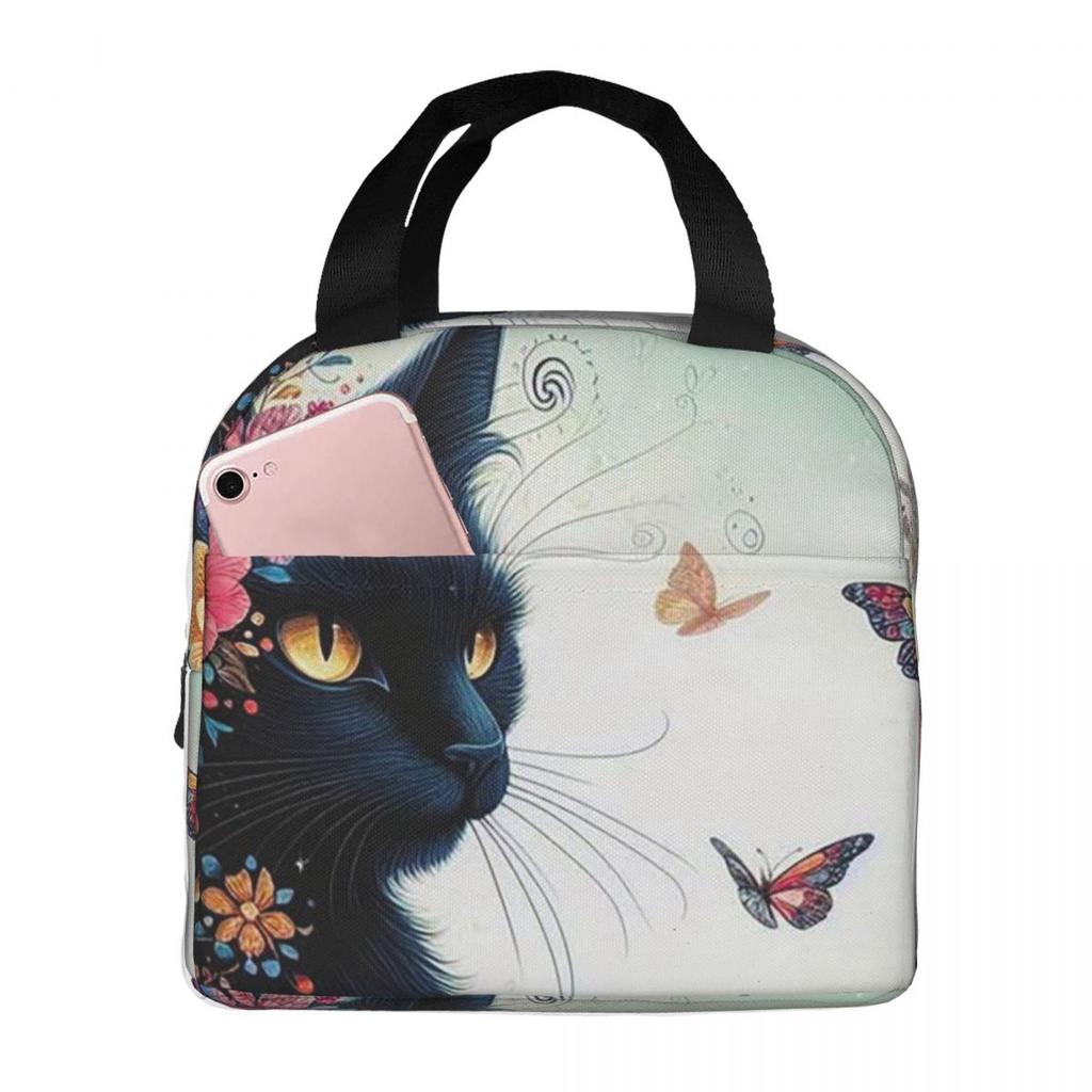 Cute Black Kitten And Butterfly Insulated Lunch Bag for Kids School Cooler Thermal Food Box Tote Portable Lunch Boxes Container