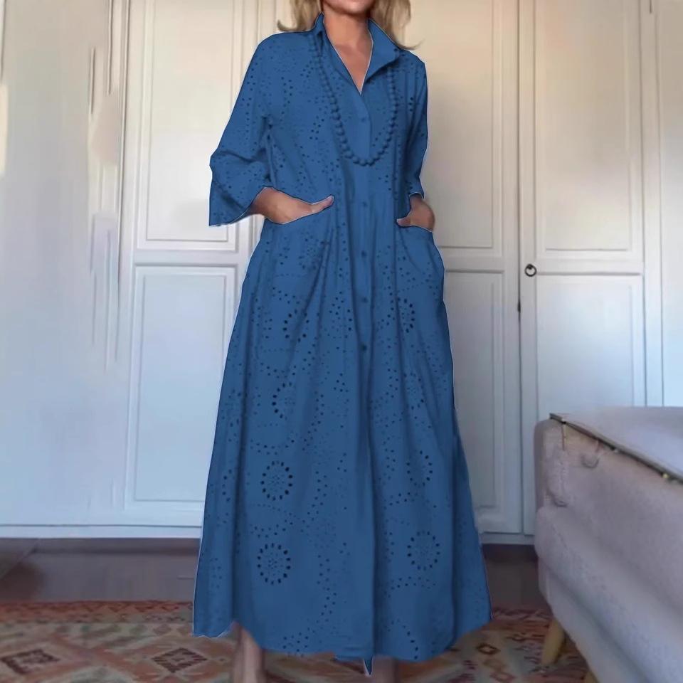Spring and Autumn Solid-color Shirt Collar Loose Embroidered Cutout Large-sized Shirt Dress