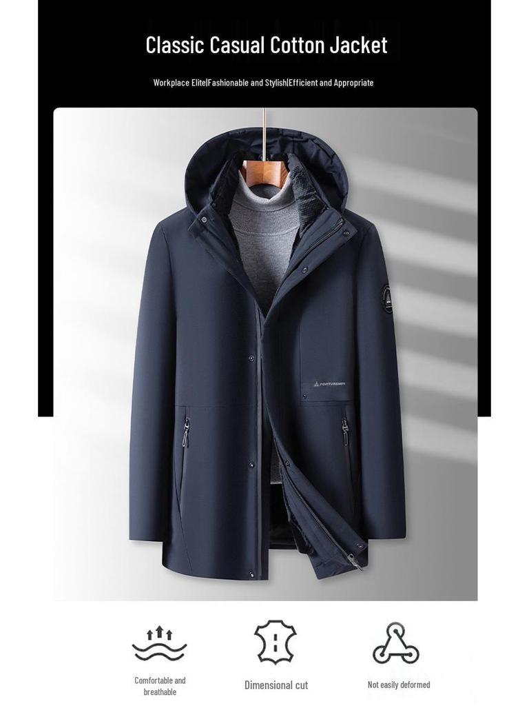 Men's Woodpecker Plus Velvet Mid-length Jacket with Hood, Detachable Liner, Cotton Winter Coat for Middle-aged and Elderly