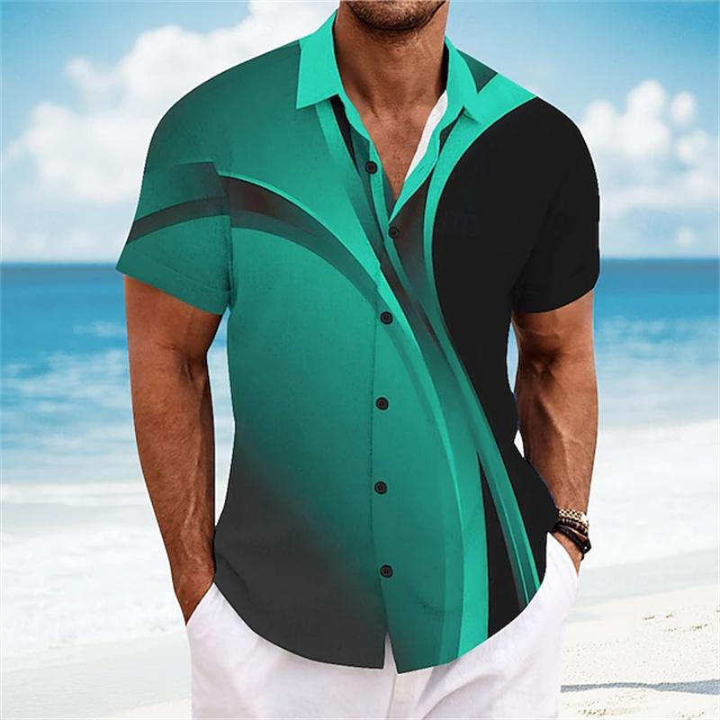 Men's Summer Color-Blocked Short-Sleeve Shirt, Stylish Design, Outdoor Casual Vacation Men's Shirt, Comfortable and Soft Fabric