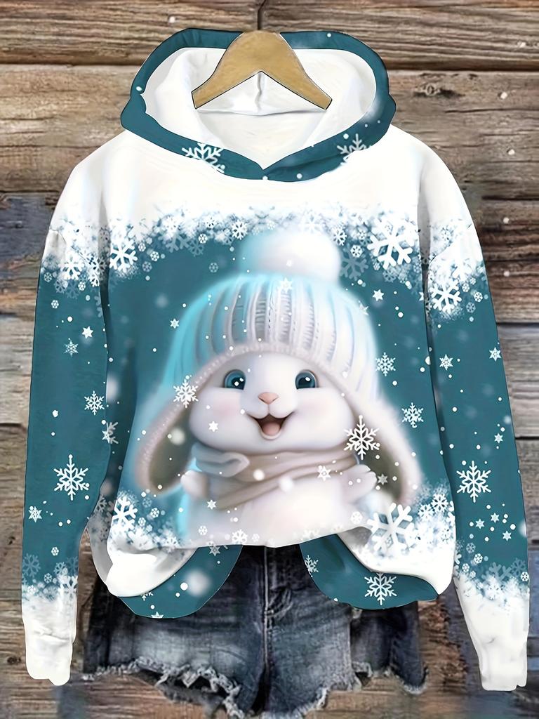 Ladies' Christmas Dwarf Print Hoodie - Casual Pullover Hoodie, Long Sleeve, 100% Polyester Knitted Fabric