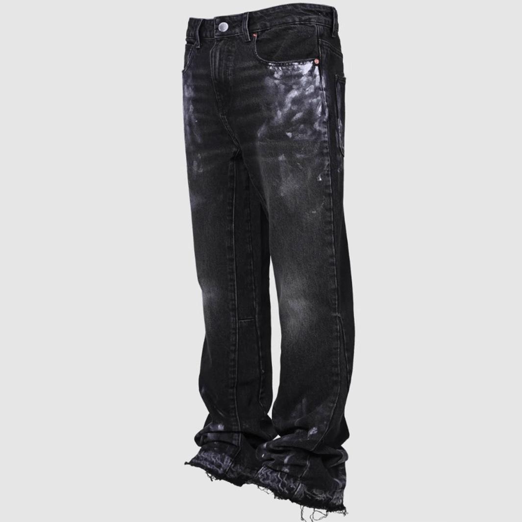 

Straight Leg Jeans with Splatter Paint Design, Light Blue & Black Distressed Denim Pants with Raw Hem S чёрный