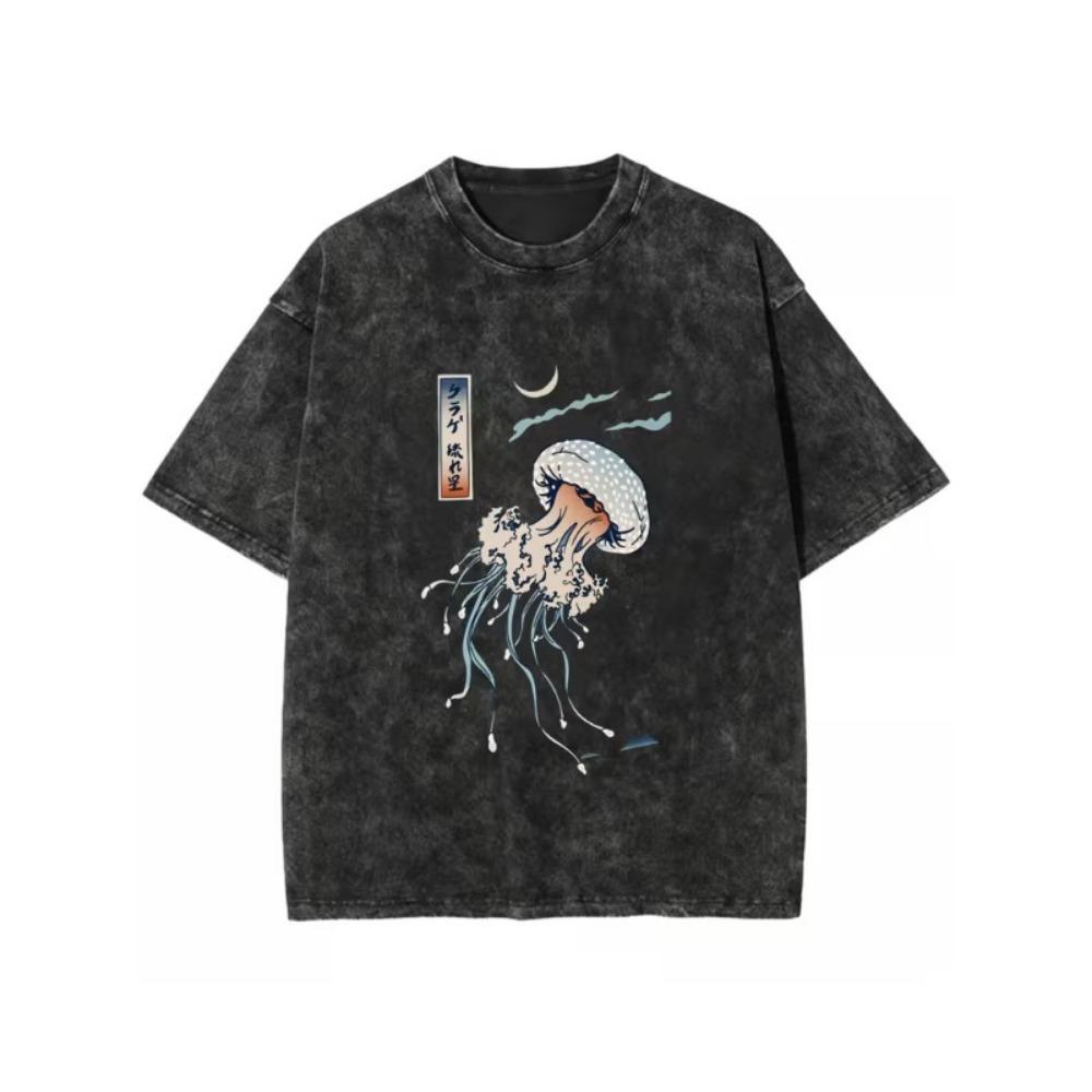 Vintage Art Jellyfish Print T-Shirt Unisex Oversized Tee Colorful Marine Jellyfish Graphic Streetwear Shirt