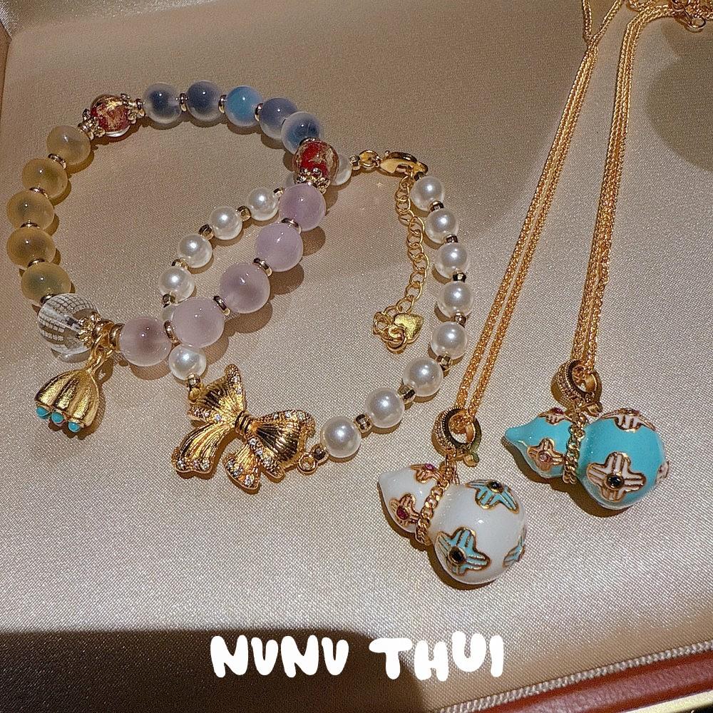 Ancient Filigree Color Sugar Heart Powder Chalcedony Lotus Root Blessing Bead Bracelet, New Chinese Style, Enamel Color Gourd Fulu Necklace