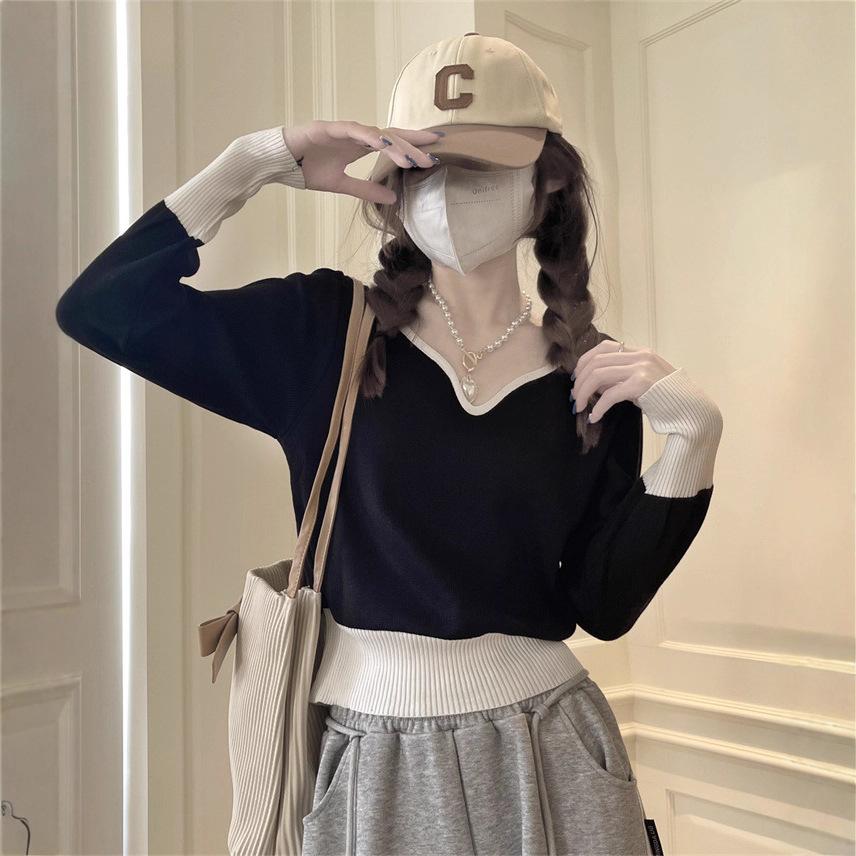 Lazy color matching v-neck knitted sweater women's clothing autumn new versatile explosive sweater winter