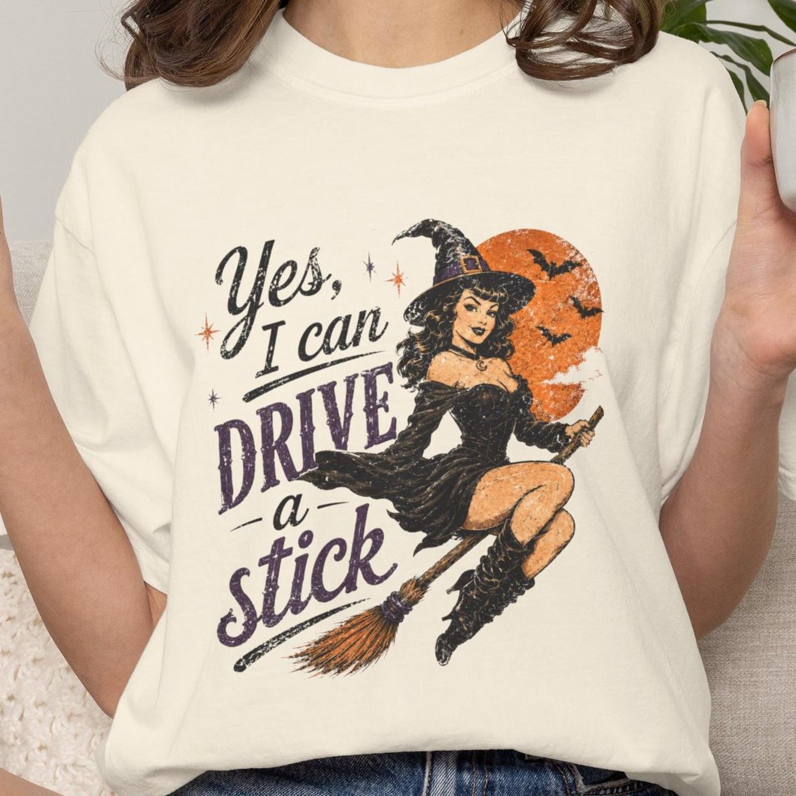 Yes I Can Drive a Stick Tee, Retro Witchy Halloween Shirt, Vintage Witch Graphic T-Shirt, Witchy Fall Shirt for Women M