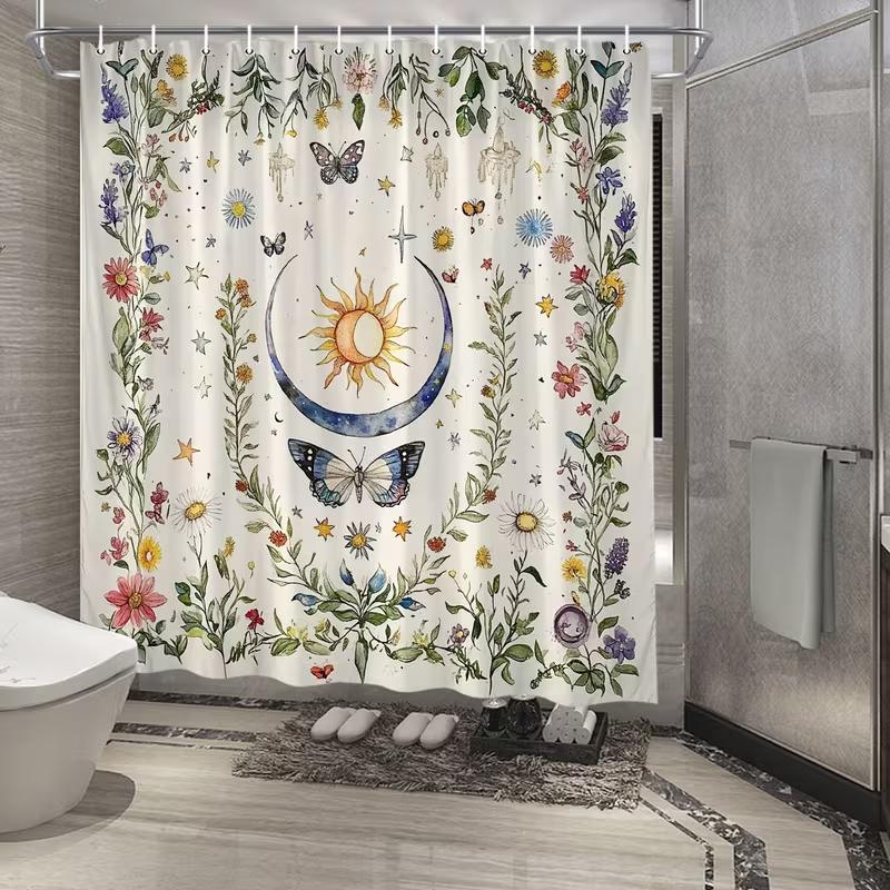 VIKAMA Celestial And Botanical Pattern Shower Curtain - Sun, Moon, Butterfly, And Floral Design, Vintage-Style Bathroom Decor