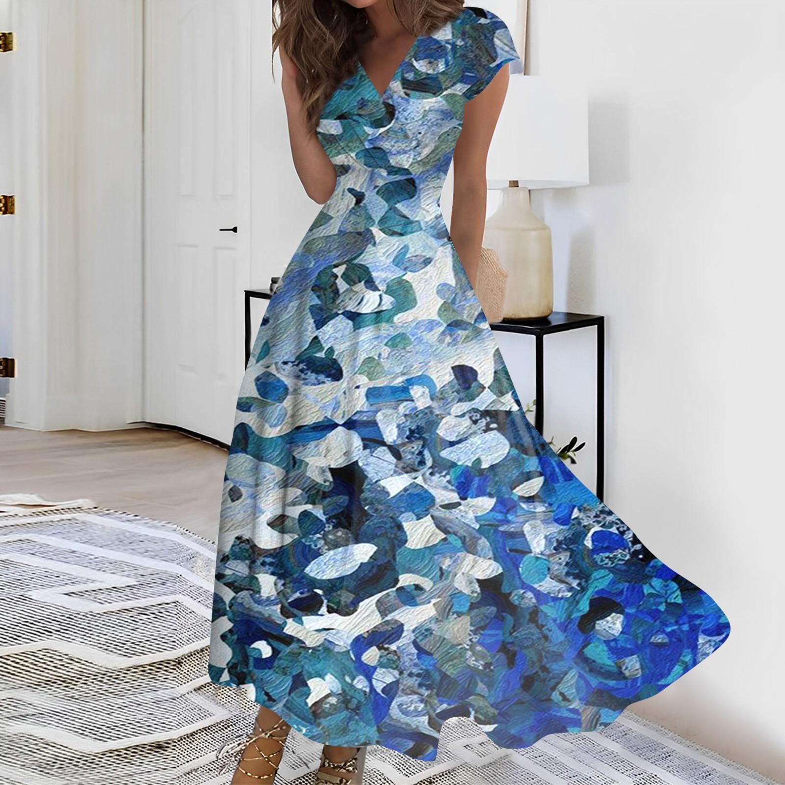 Женское длинное повседневное платье. Летнее платье с короткими рукавами и v-образным вырезом на талии с принтом. M
