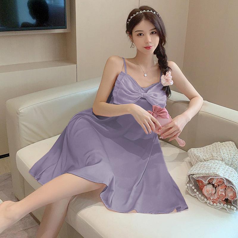 Women’s Solid Sling Ice Silk Nightgown Summer Lightweight Front Bow Tie Loose Sexy Home Dress Breathable Soft Comfortable Elegant Pajamas