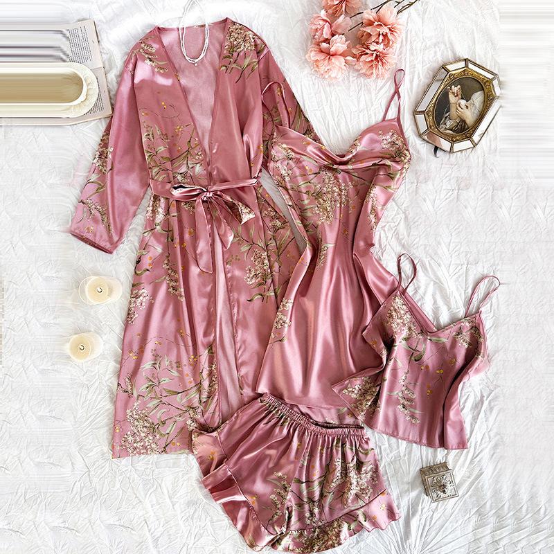 European and American style sexy V-neck ice silk suspender skirt homewear multi-piece set summer women's large-size pajamas set