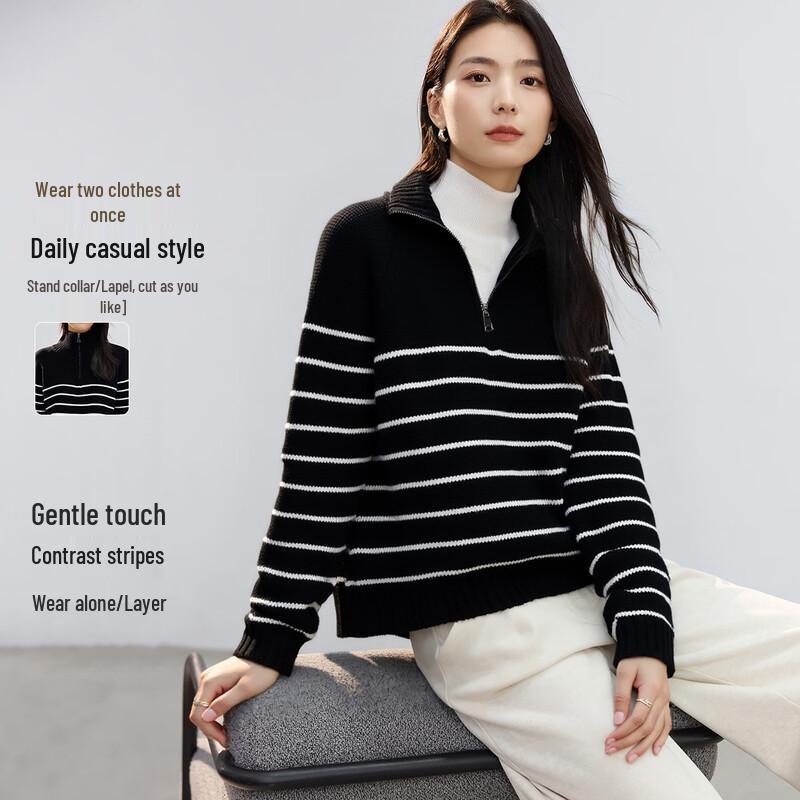 Women s Classic Striped Lapel Knit Sweater S