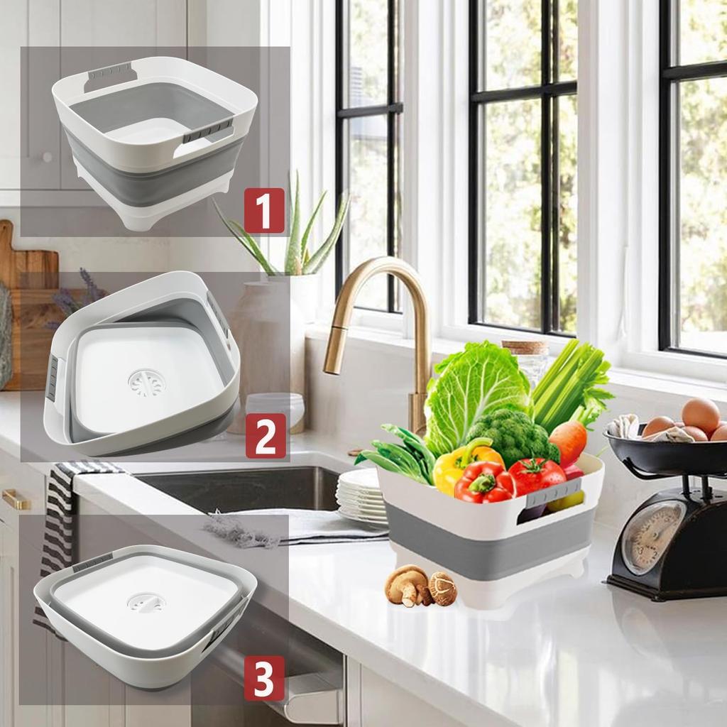 2.9 Gal(11L) Collapsible Wash Basin With Drain Plug, Space Saving Multiuse Foldable Sink Tub,Dishpan,RV Camping Sink,Vegetable Washing Basin,Ice