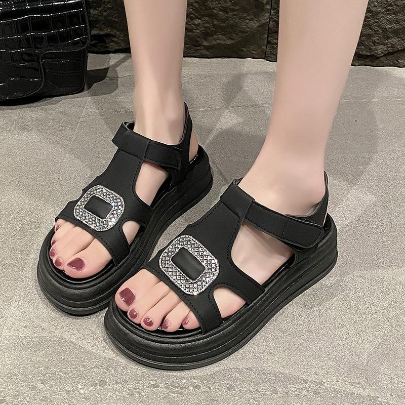 

Platform sandals women s rhinestone square head belt buckle flat bottom soft leather soft bottom summer 42 чорний