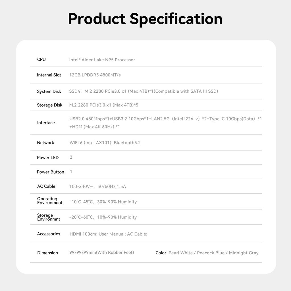 Beelink ME Mini Intel N95 12G 1TB 6 x NVMe Dual WiFi Bluetooth Mini Desktop Attached Storage PC, NAS, LPDDR5, M.2 SSD, M.2 Slots, 2.5GHz LAN, 6, 5.2,