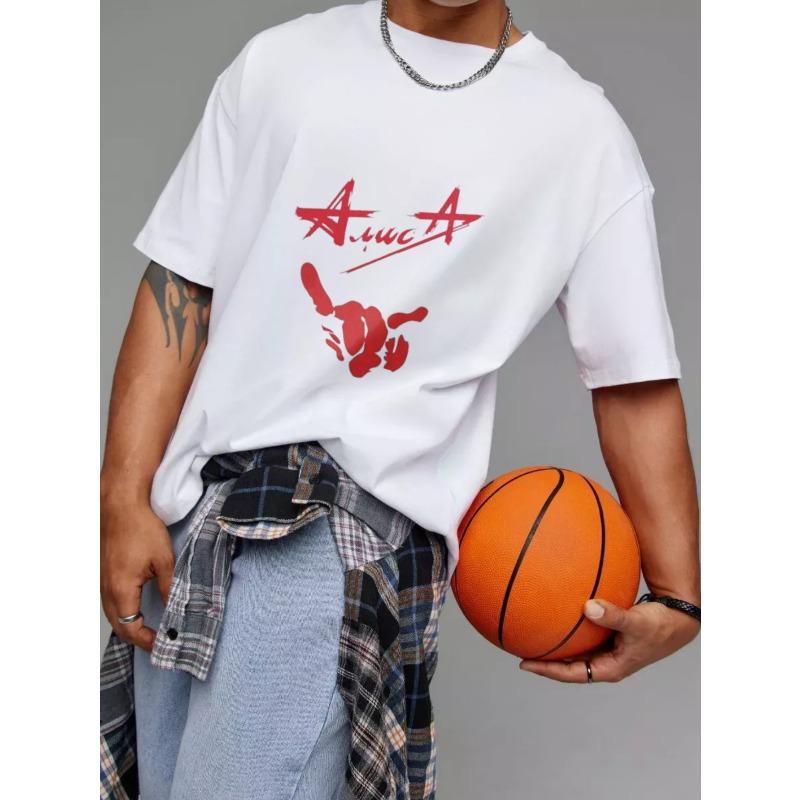 T-Shirt Bianca con Stella Rossa e Stampa Mano per Abbigliamento Casual